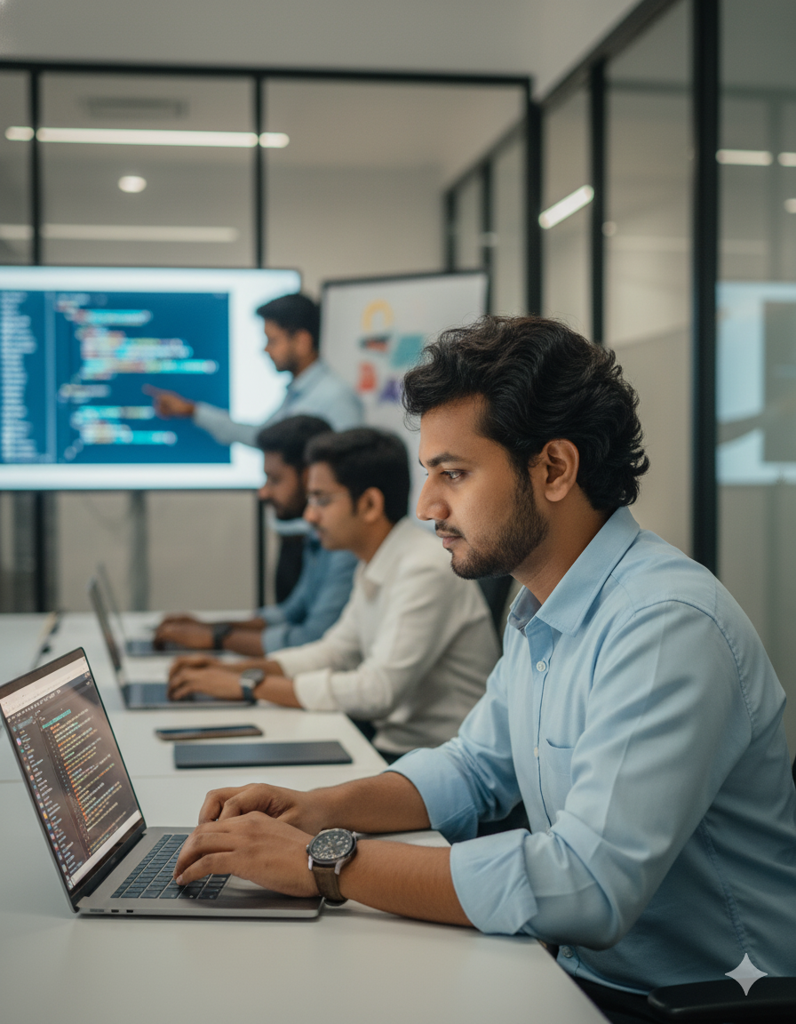 Software team working together in office